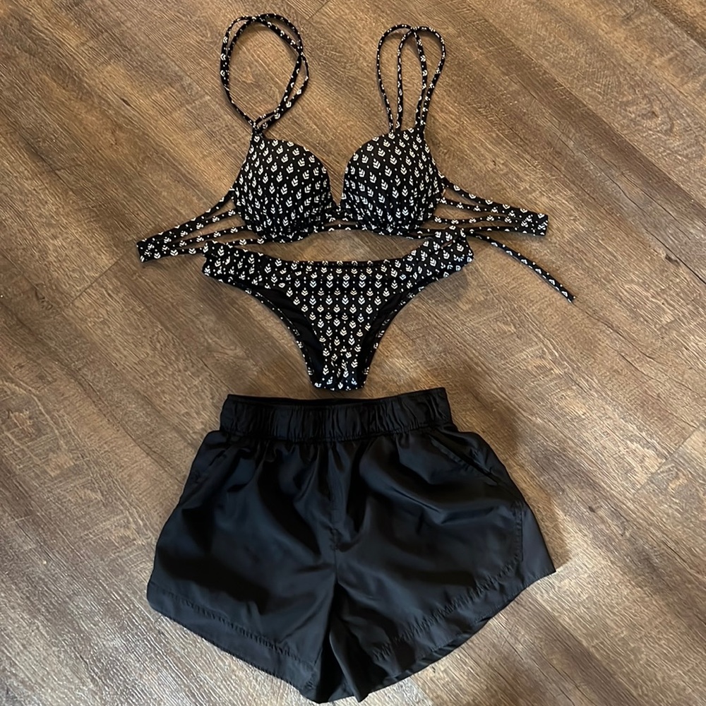 Two Piece Swim Suit, Med, bonus pairBlack, Sml athletic Shorts.M. Padded Top
